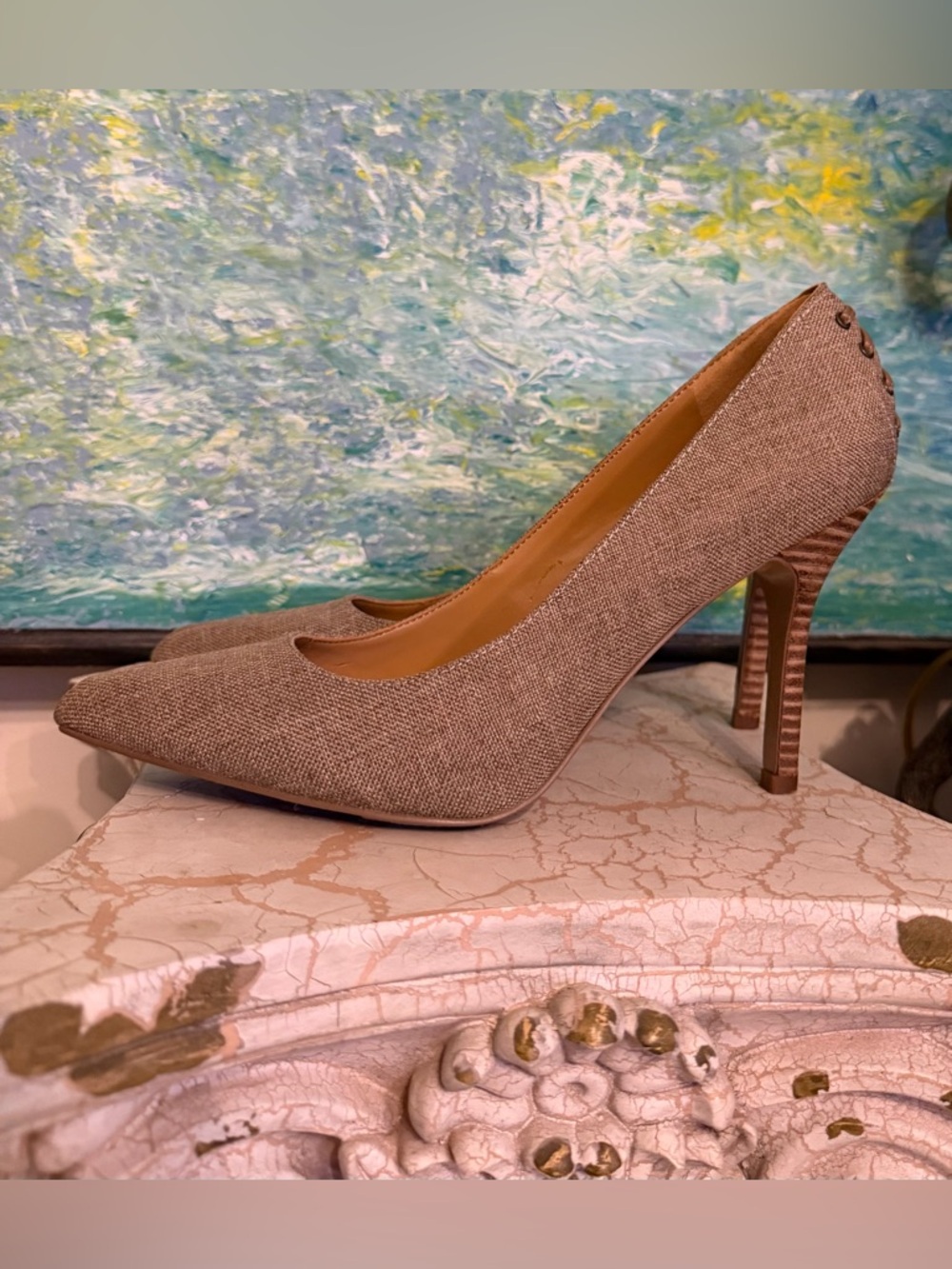 Nine West Linen like Off-Brown Lace-Up Back Pointed-Toe Heels - Picture 3 of 7